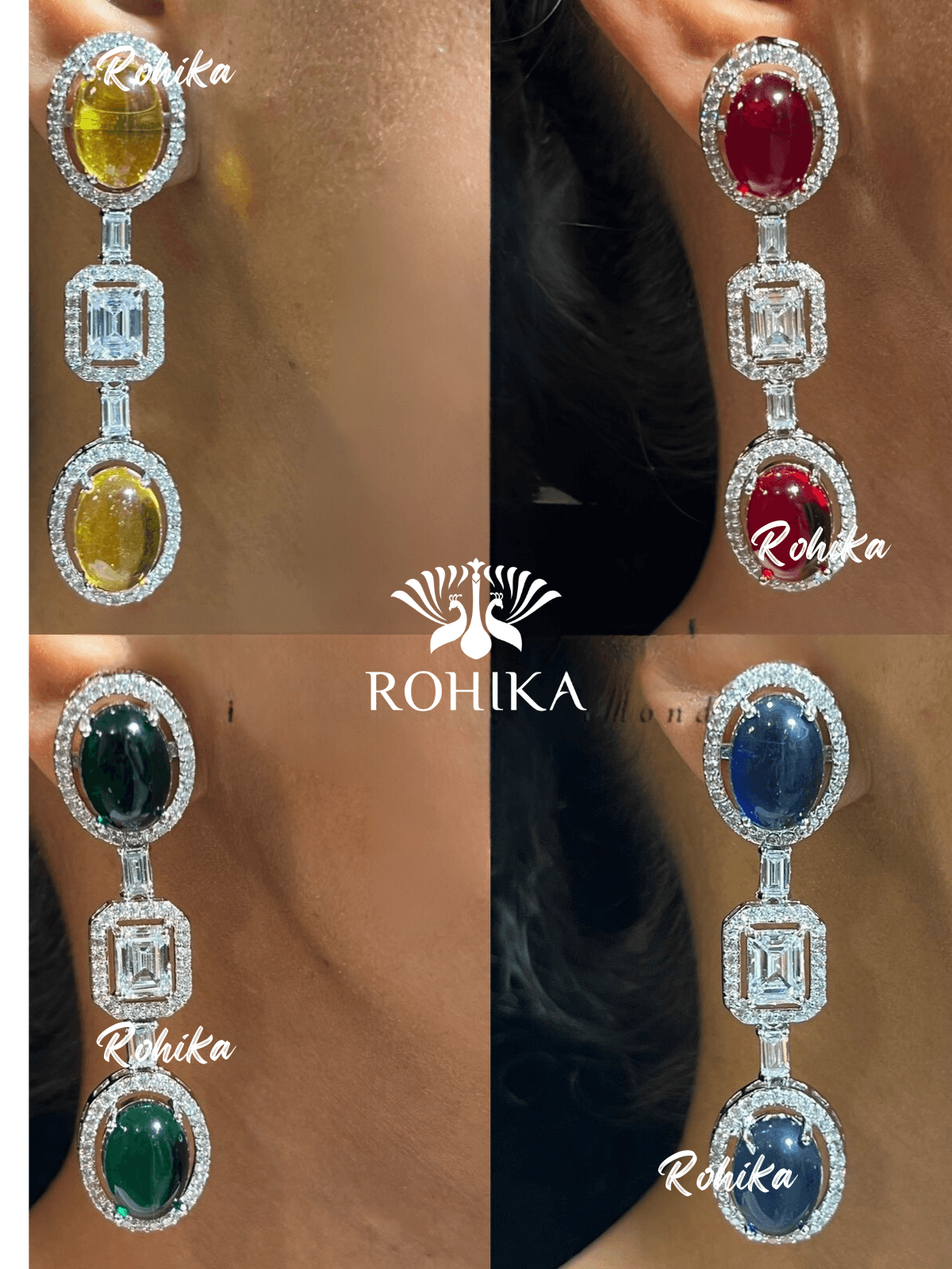 Monica american diamond necklace set - Green - Rohika Store