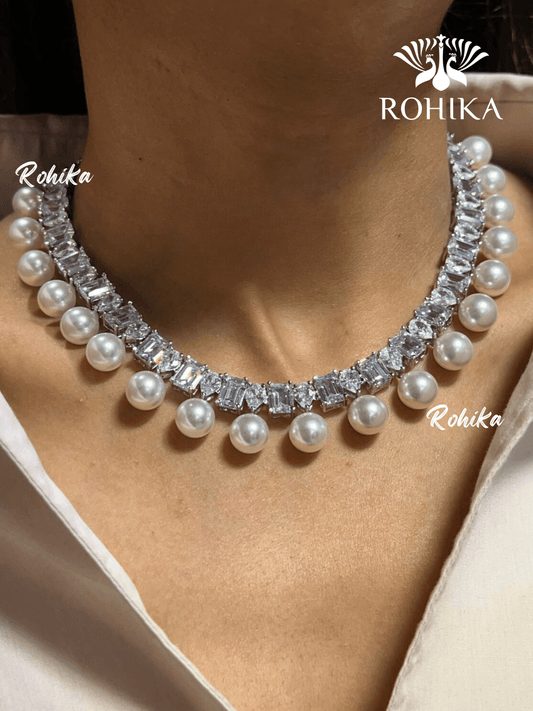 Kit american diamond necklace - White - Rohika Store