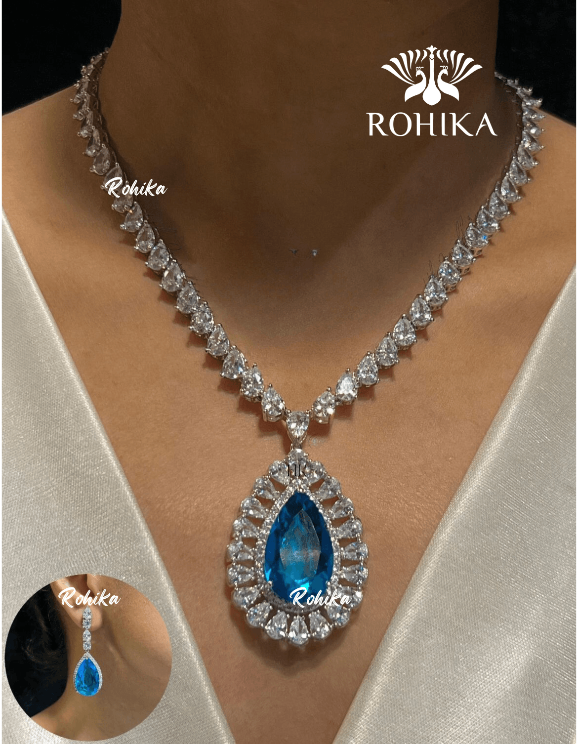 Saira american diamond necklace set - Blue - Rohika Store