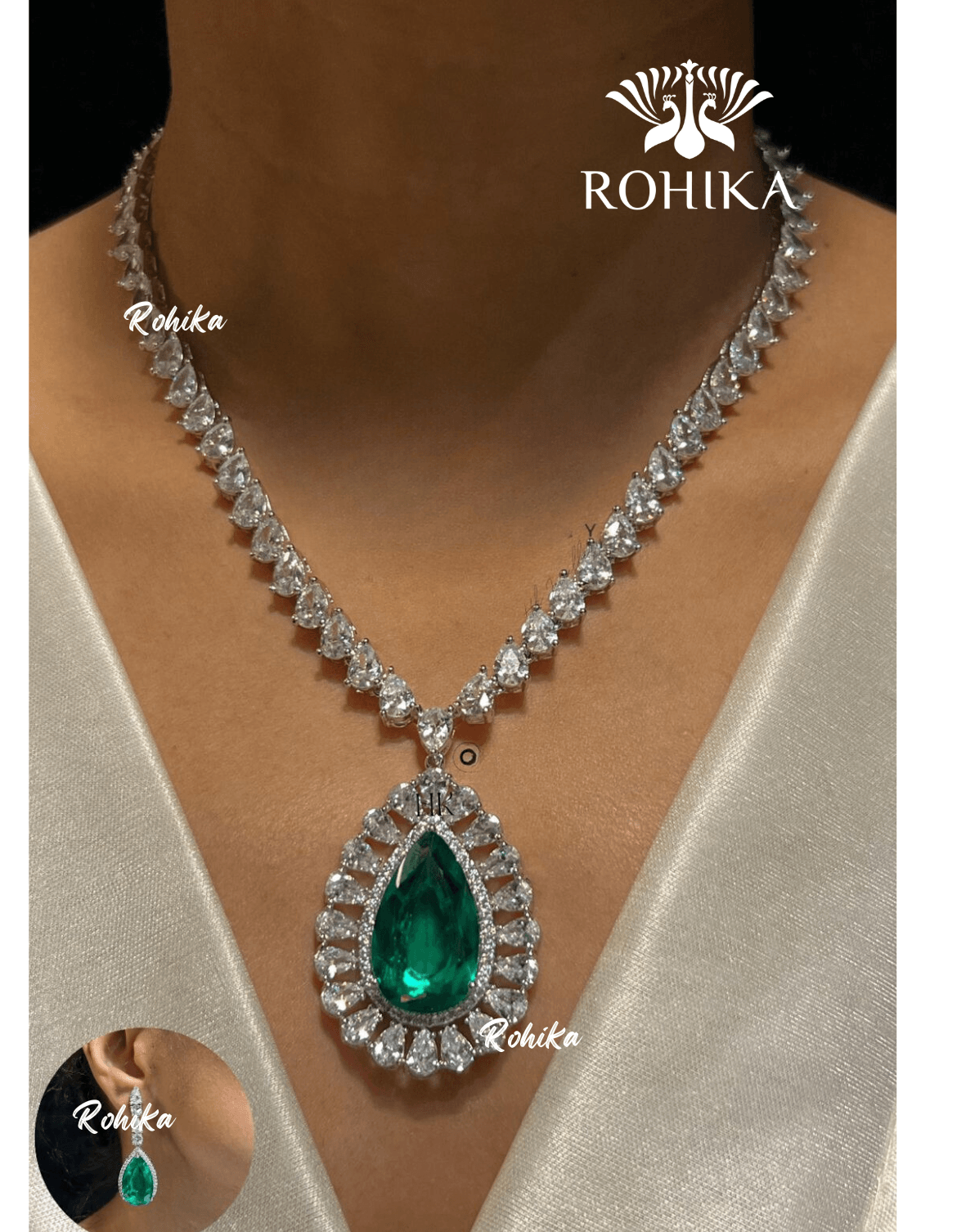 Saira american diamond necklace set - Green - Rohika Store