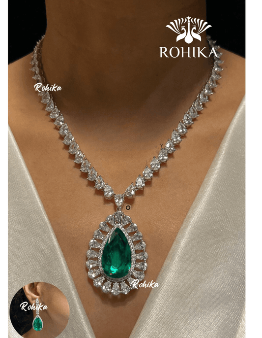 Saira american diamond necklace set - Green - Rohika Store