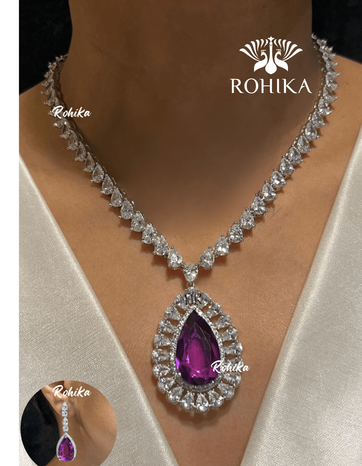 Saira american diamond necklace set - Purple - Rohika Store