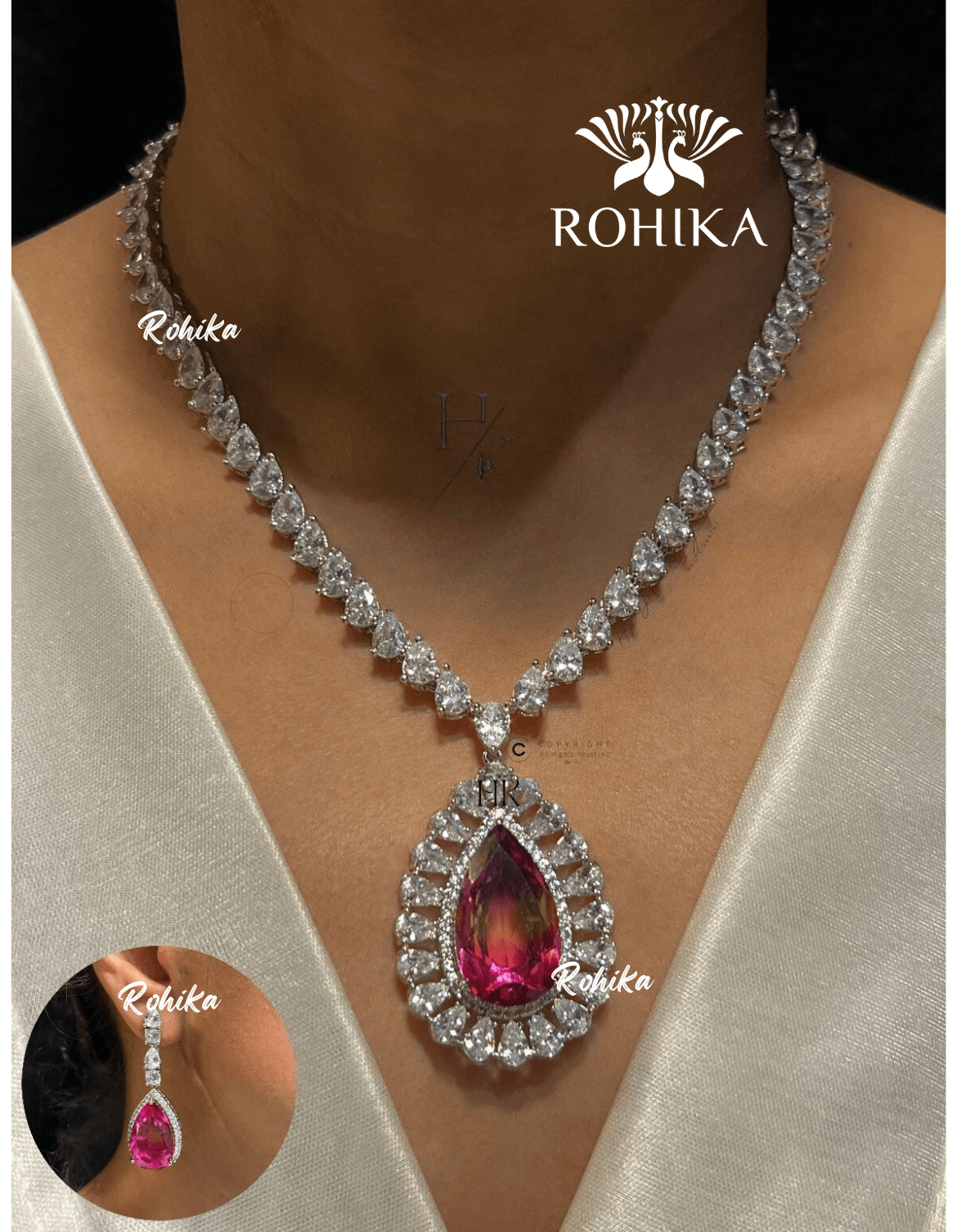Saira american diamond necklace set - Pink - Rohika Store