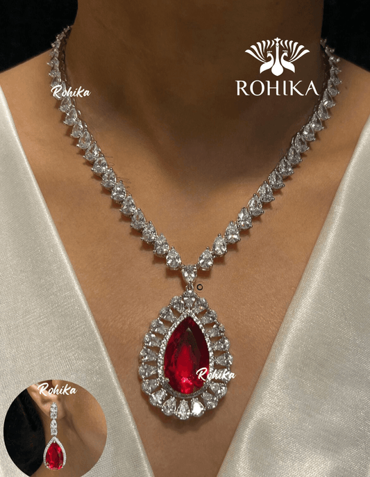 Saira american diamond necklace set - Red - Rohika Store