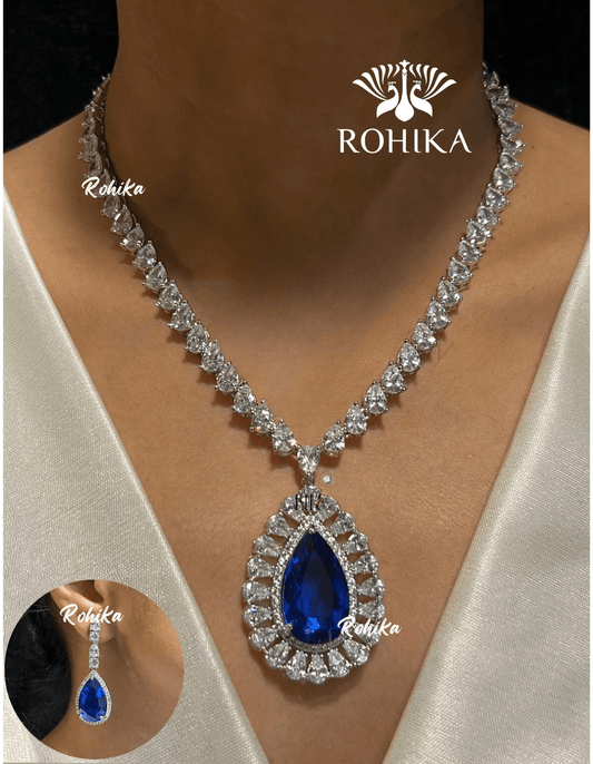 Saira american diamond necklace set - Dark blue - Rohika Store