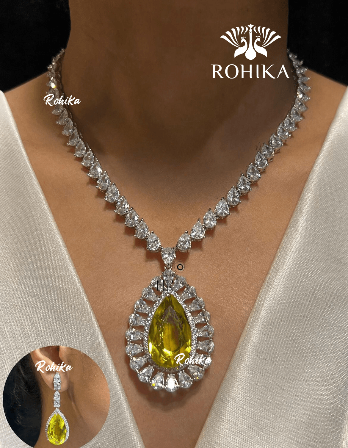 Saira american diamond necklace set - Yellow - Rohika Store