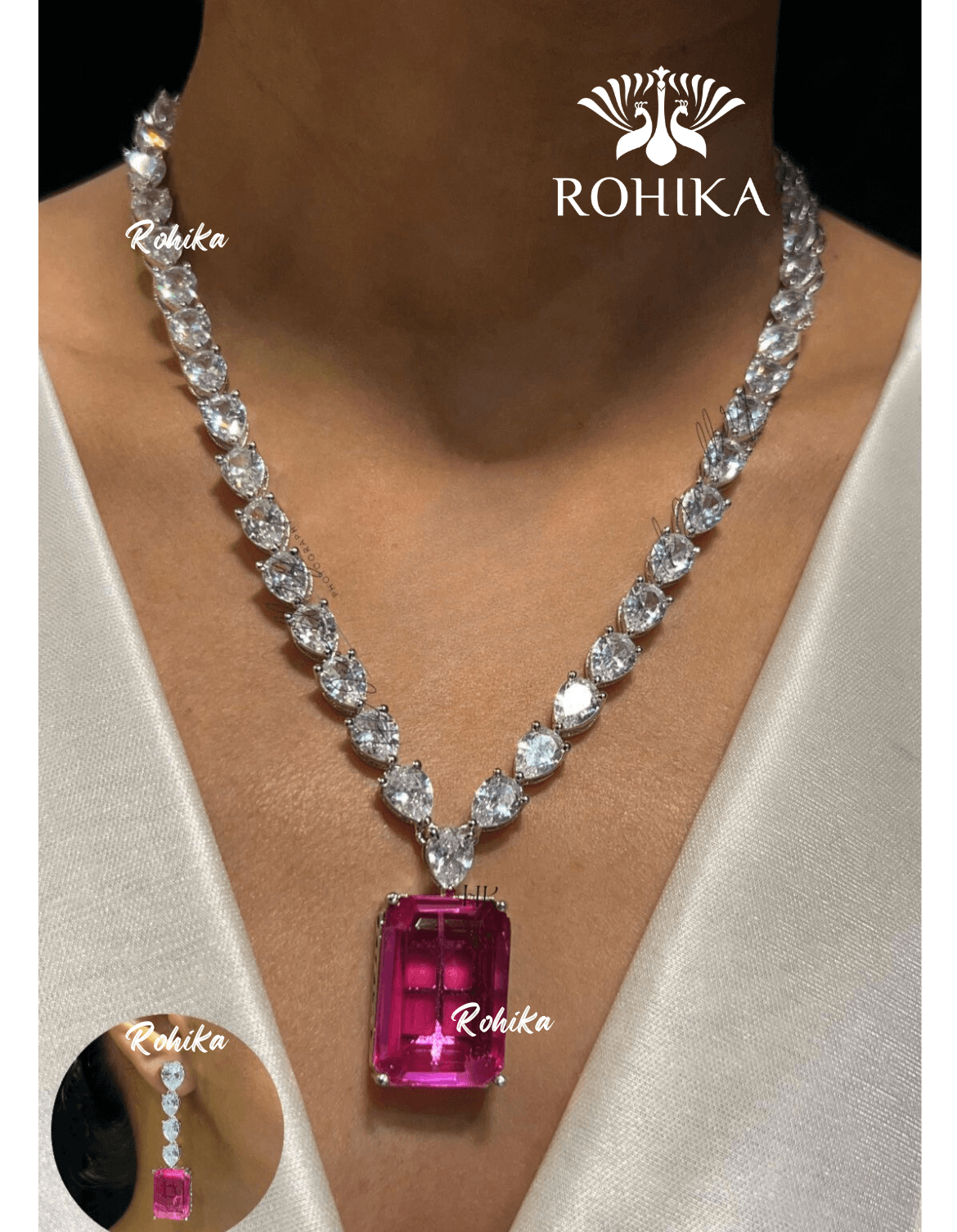 Jane american diamond necklace set - Dark pink - Rohika Store