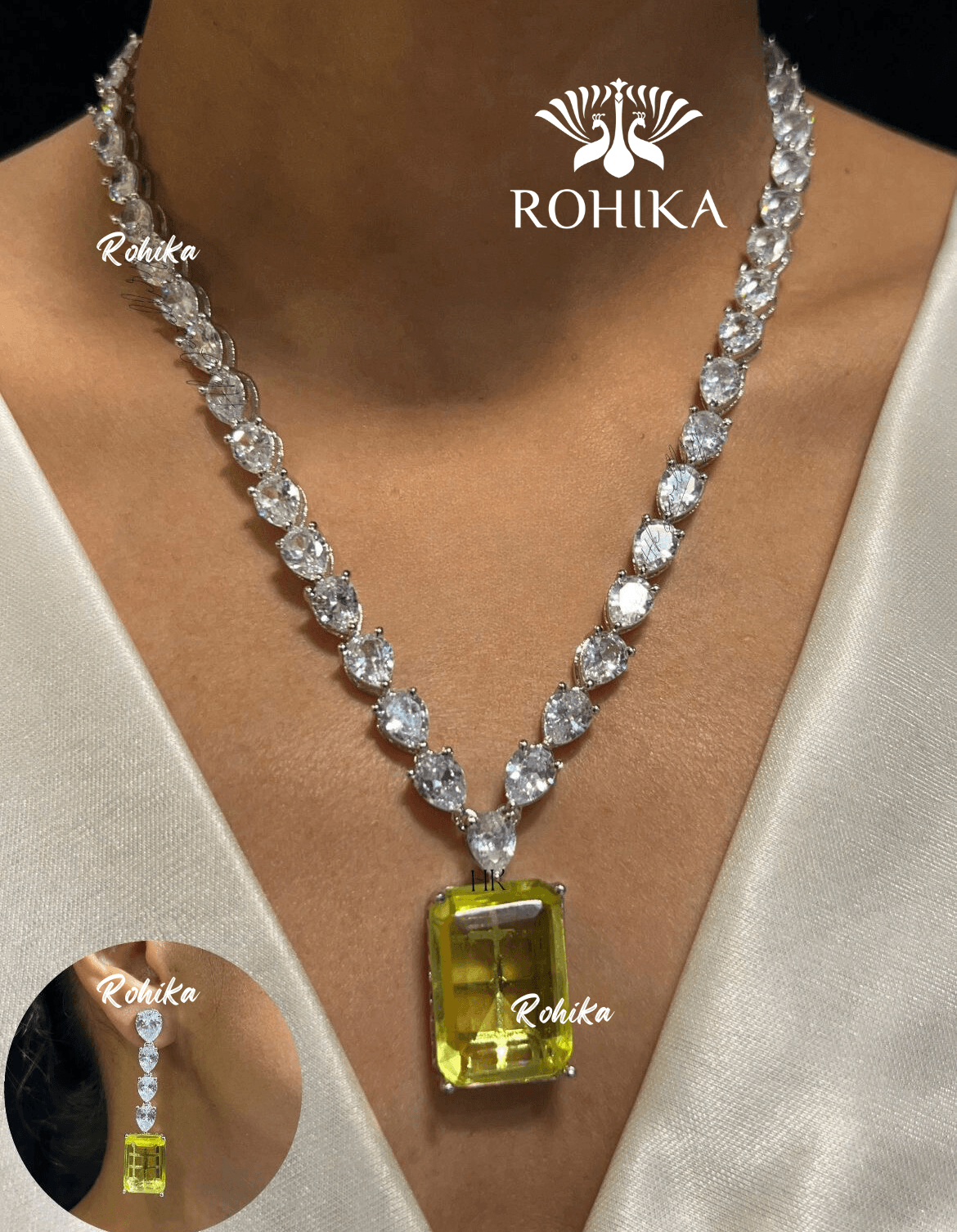 Jane american diamond necklace set - Yellow - Rohika Store