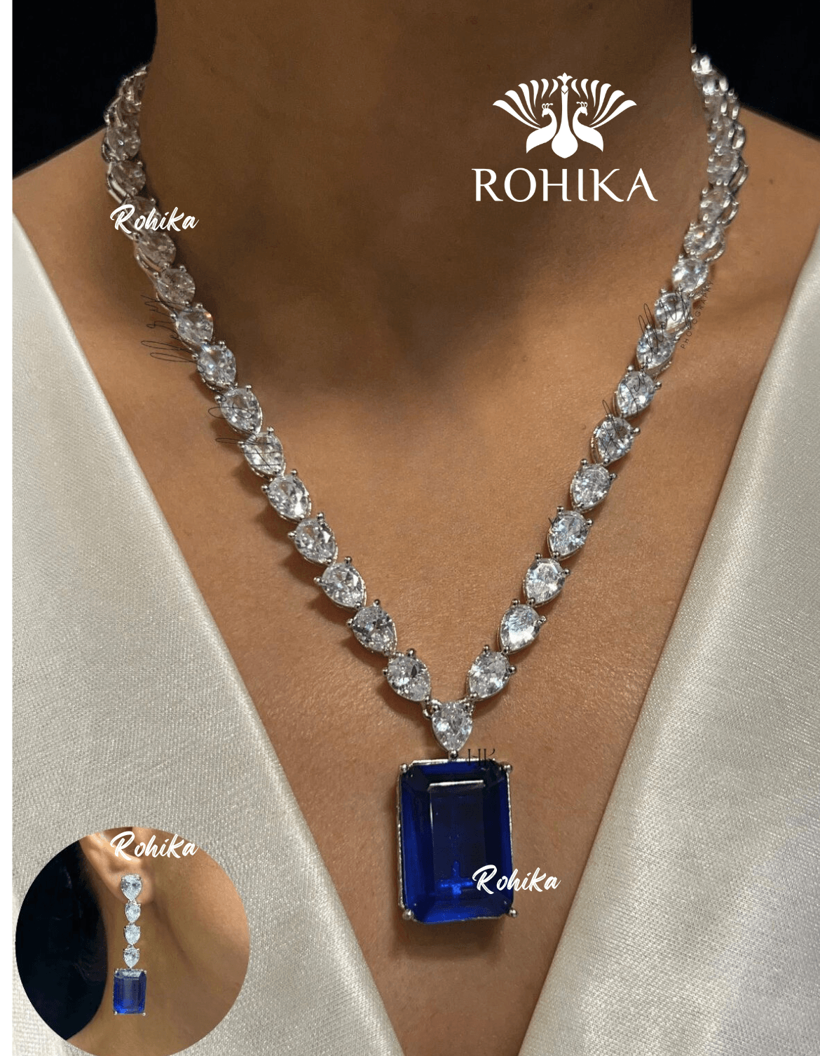 Jane american diamond necklace set - Dark blue - Rohika Store