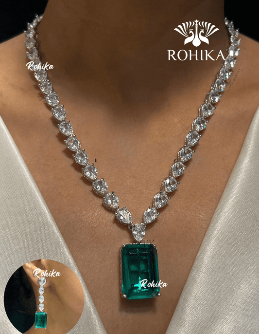 Jane american diamond necklace set - Green - Rohika Store