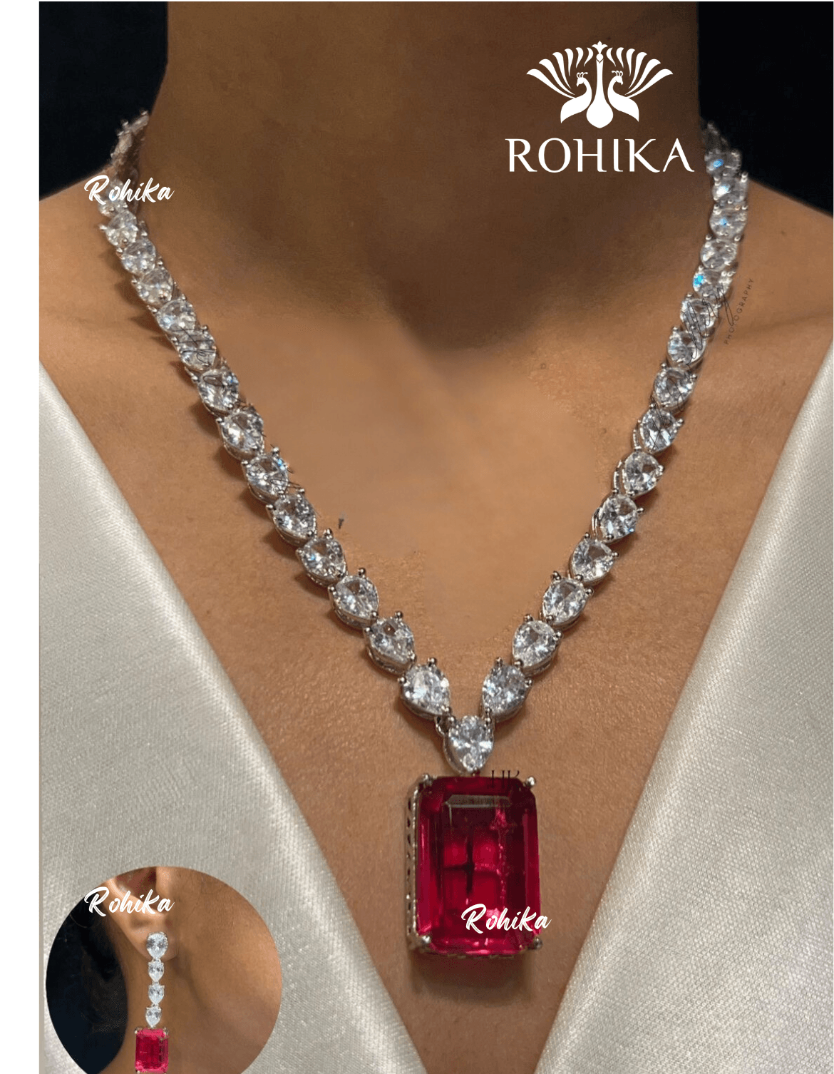 Jane american diamond necklace set - Red - Rohika Store