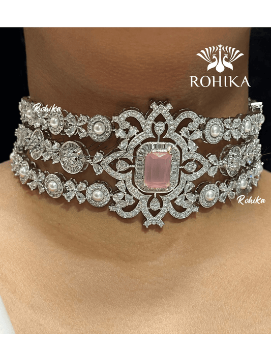 Tracy american diamond choker set - Baby pink - Rohika Store