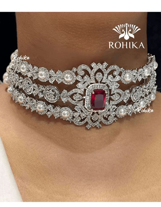Tracy american diamond choker set - Red - Rohika Store