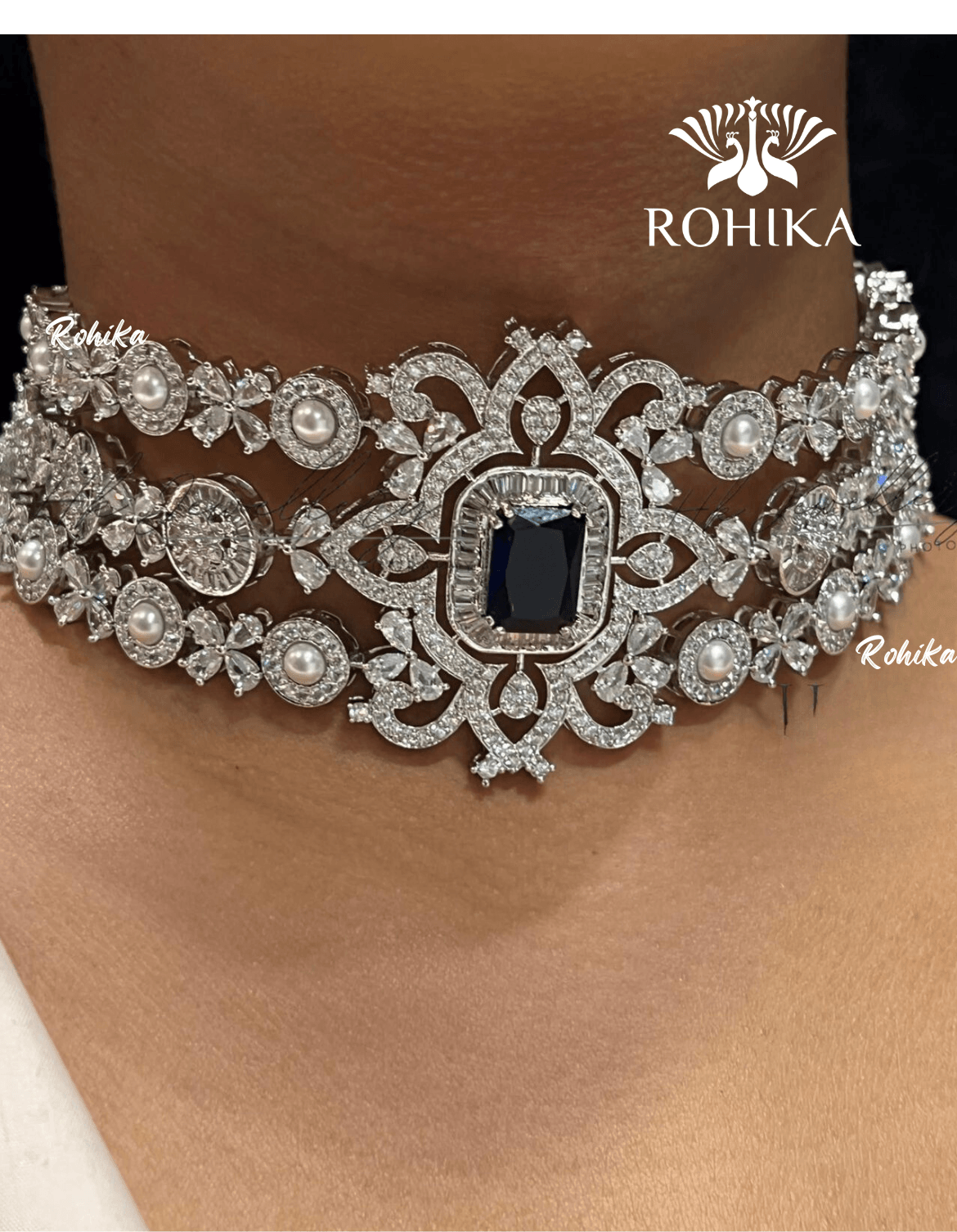 Tracy american diamond choker set - Dark blue - Rohika Store