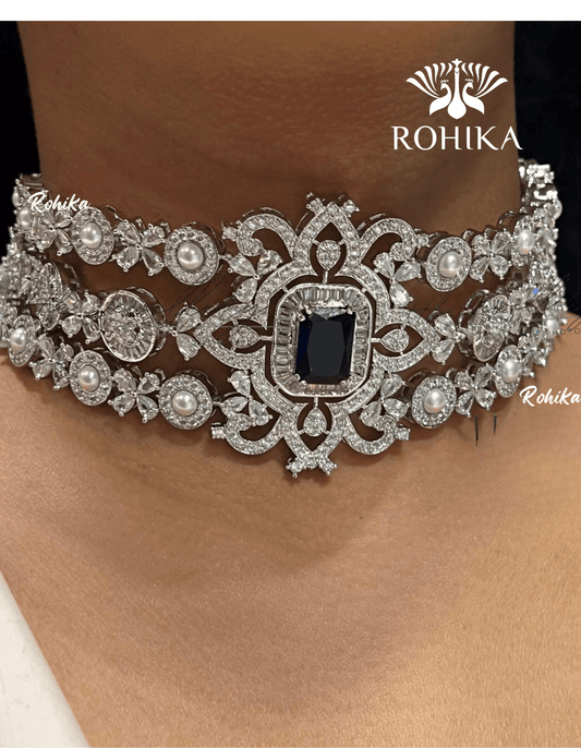 Tracy american diamond choker set - Dark blue - Rohika Store