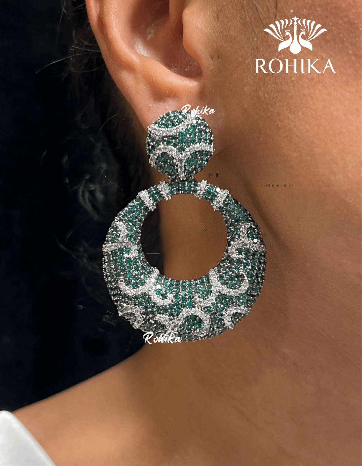 Julia american diamond earrings - Green - Rohika Store