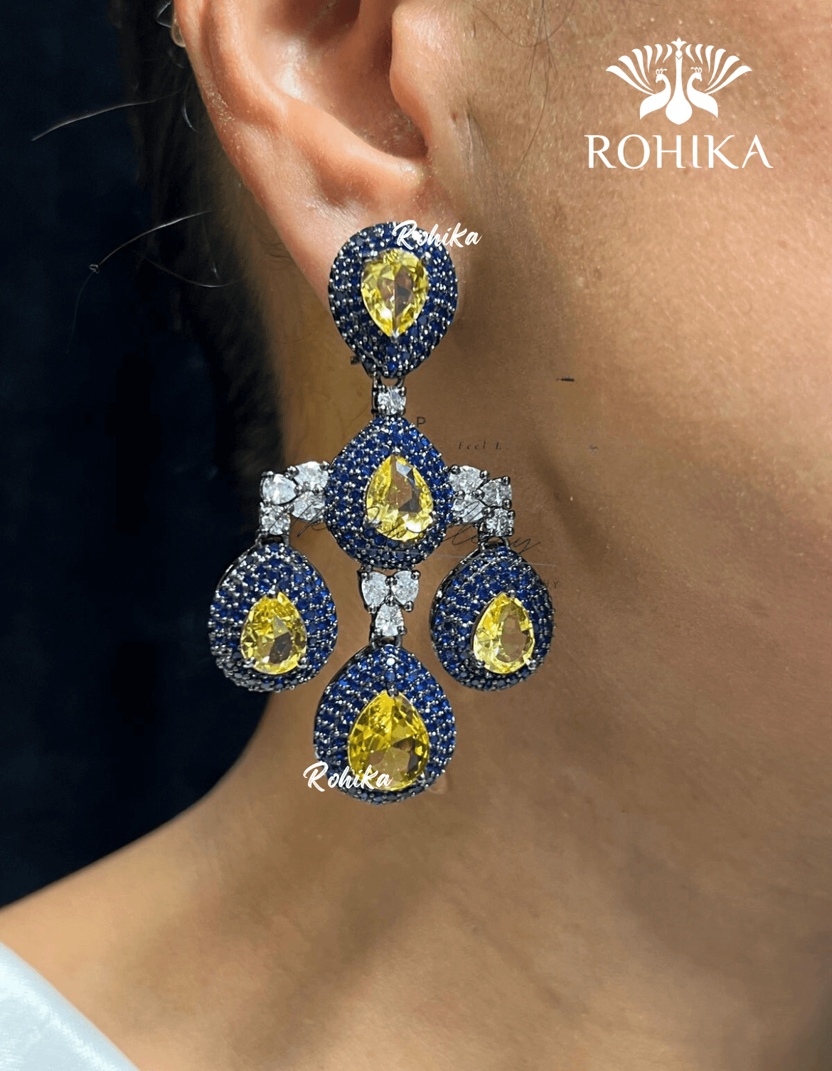 Della american diamond earrings - Dark blue & yellow - Rohika Store