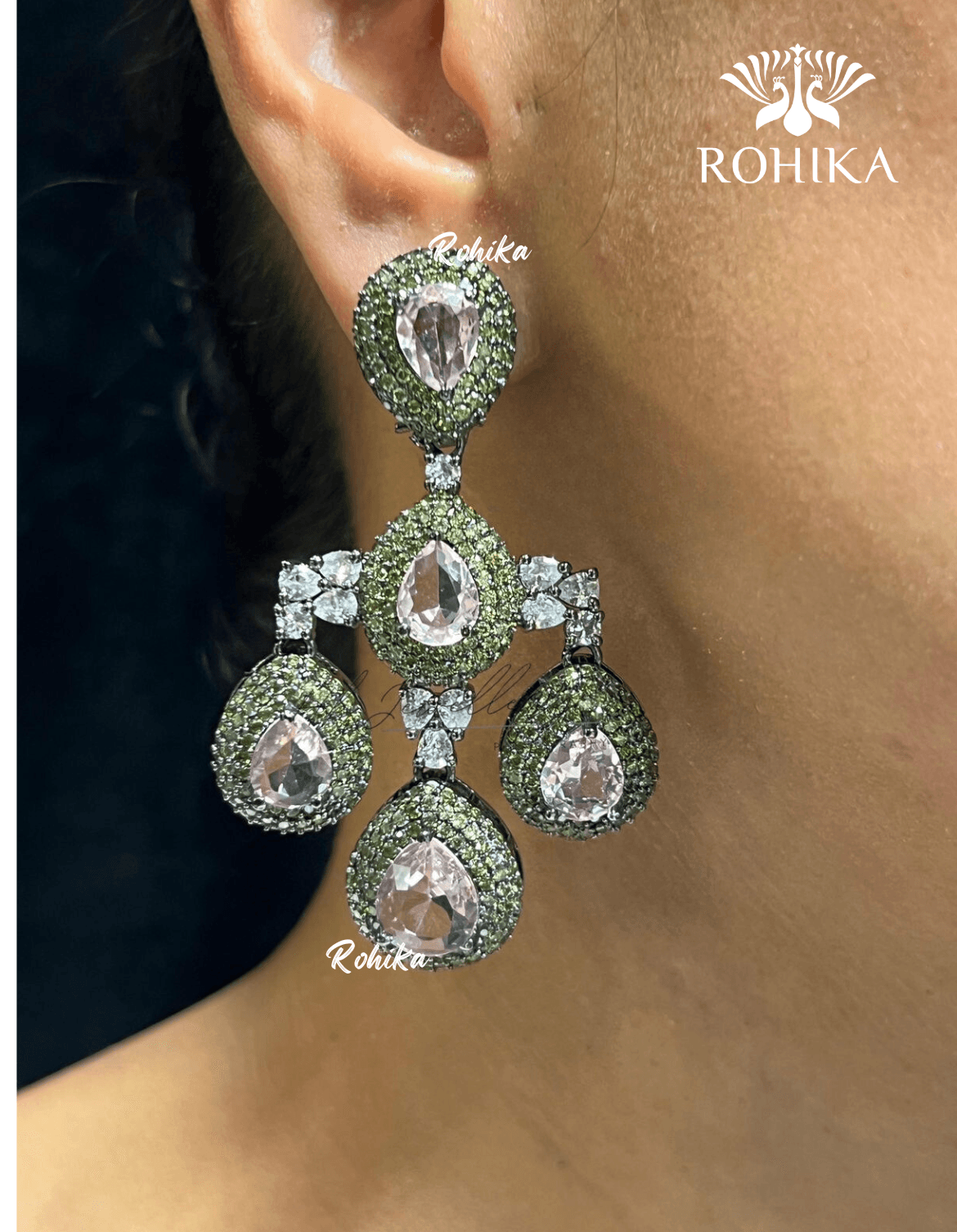 Della american diamond earrings - Pink & Green - Rohika Store