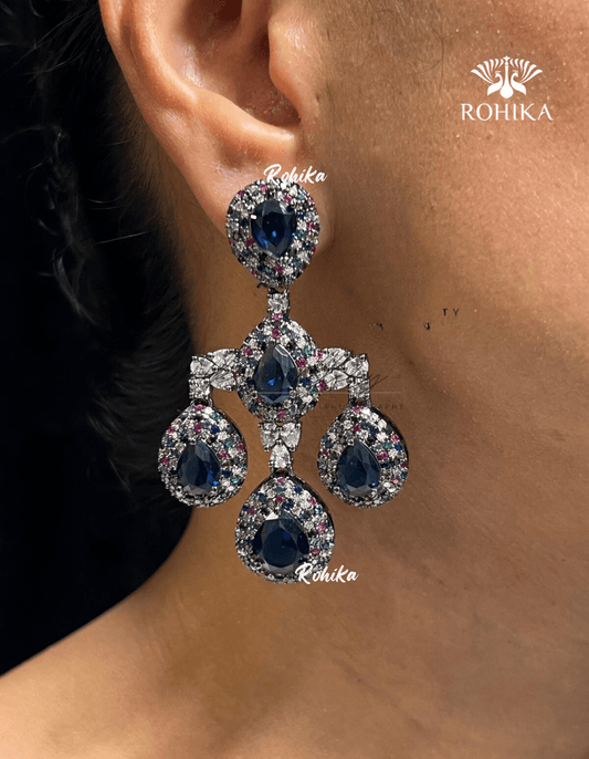 Della american diamond earrings - Dark blue - Rohika Store
