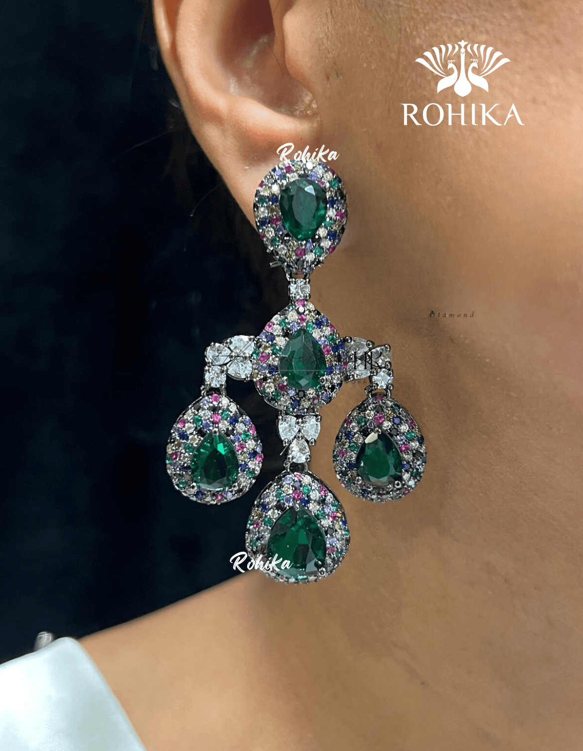 Della american diamond earrings - Dark green - Rohika Store