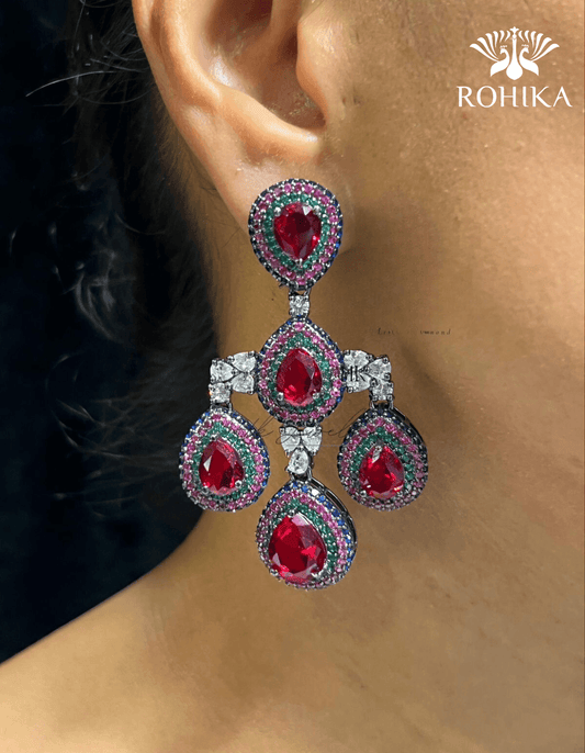 Della american diamond earrings - Red - Rohika Store
