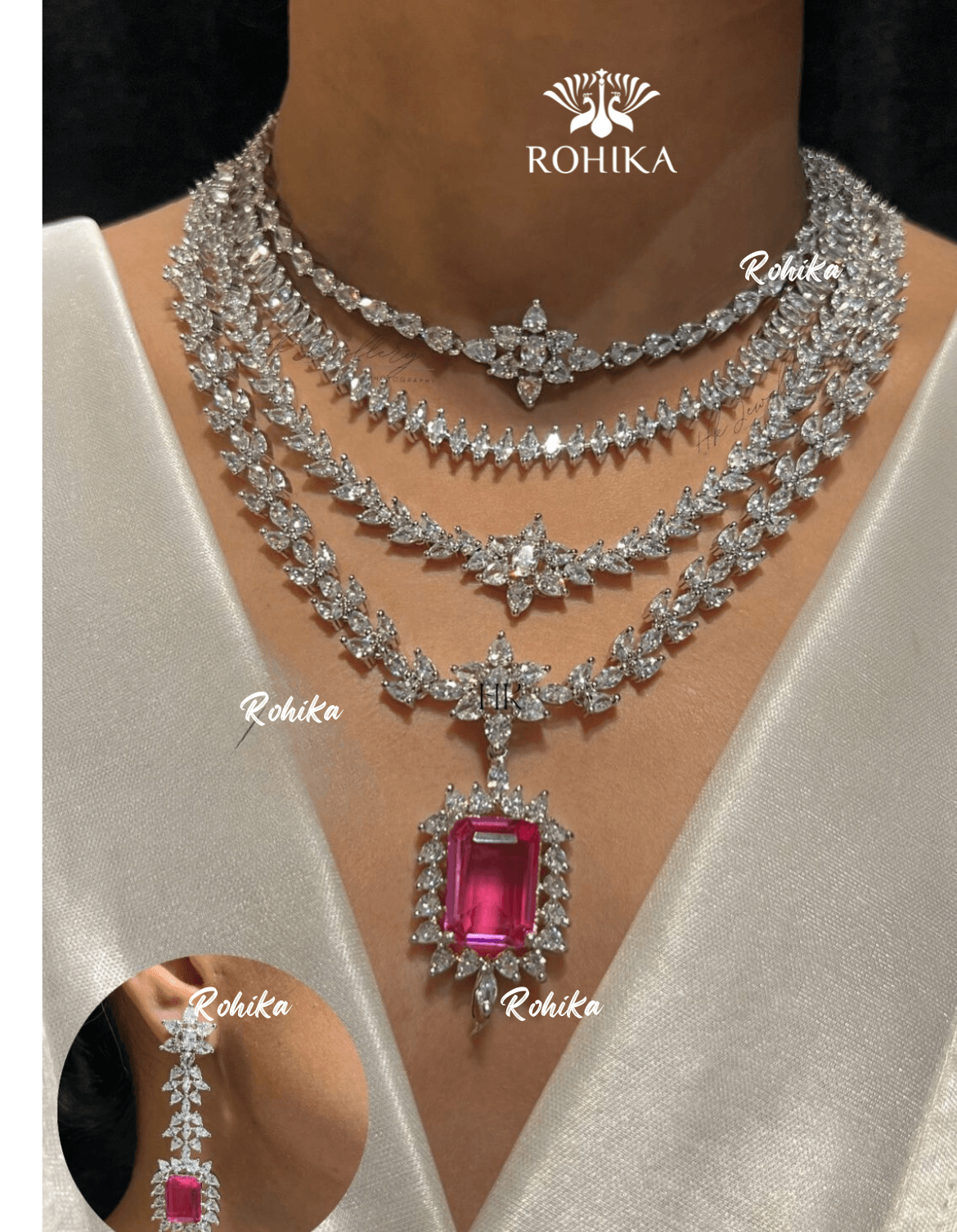 Hanna american diamond necklace set - Pink - Rohika Store