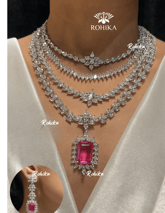 Hanna american diamond necklace set - Pink - Rohika Store