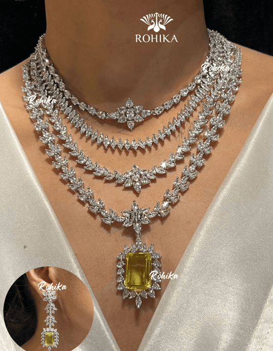 Hanna american diamond necklace set - Yellow - Rohika Store