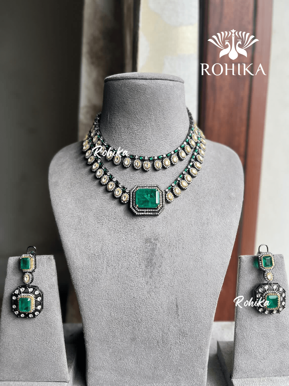 Gauri doublet necklace set - Dark Green - Rohika Store