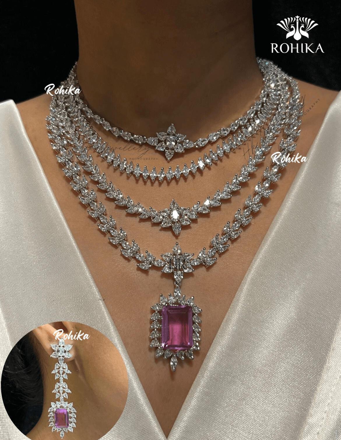 Hanna american diamond necklace set - Light purple - Rohika Store