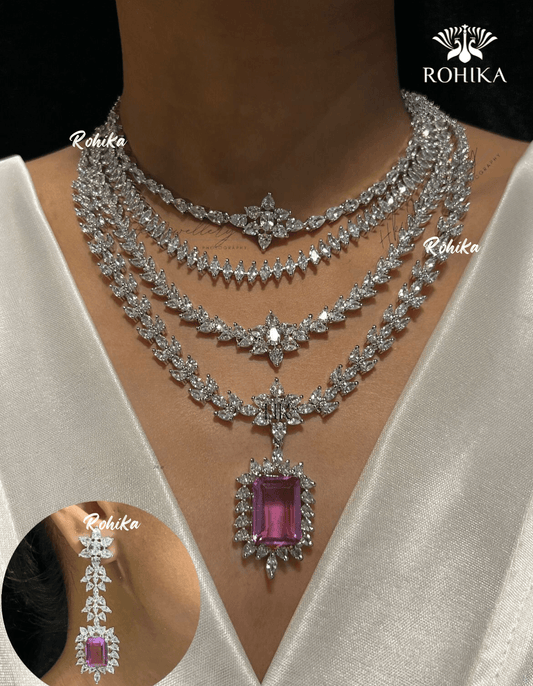 Hanna american diamond necklace set - Light purple - Rohika Store