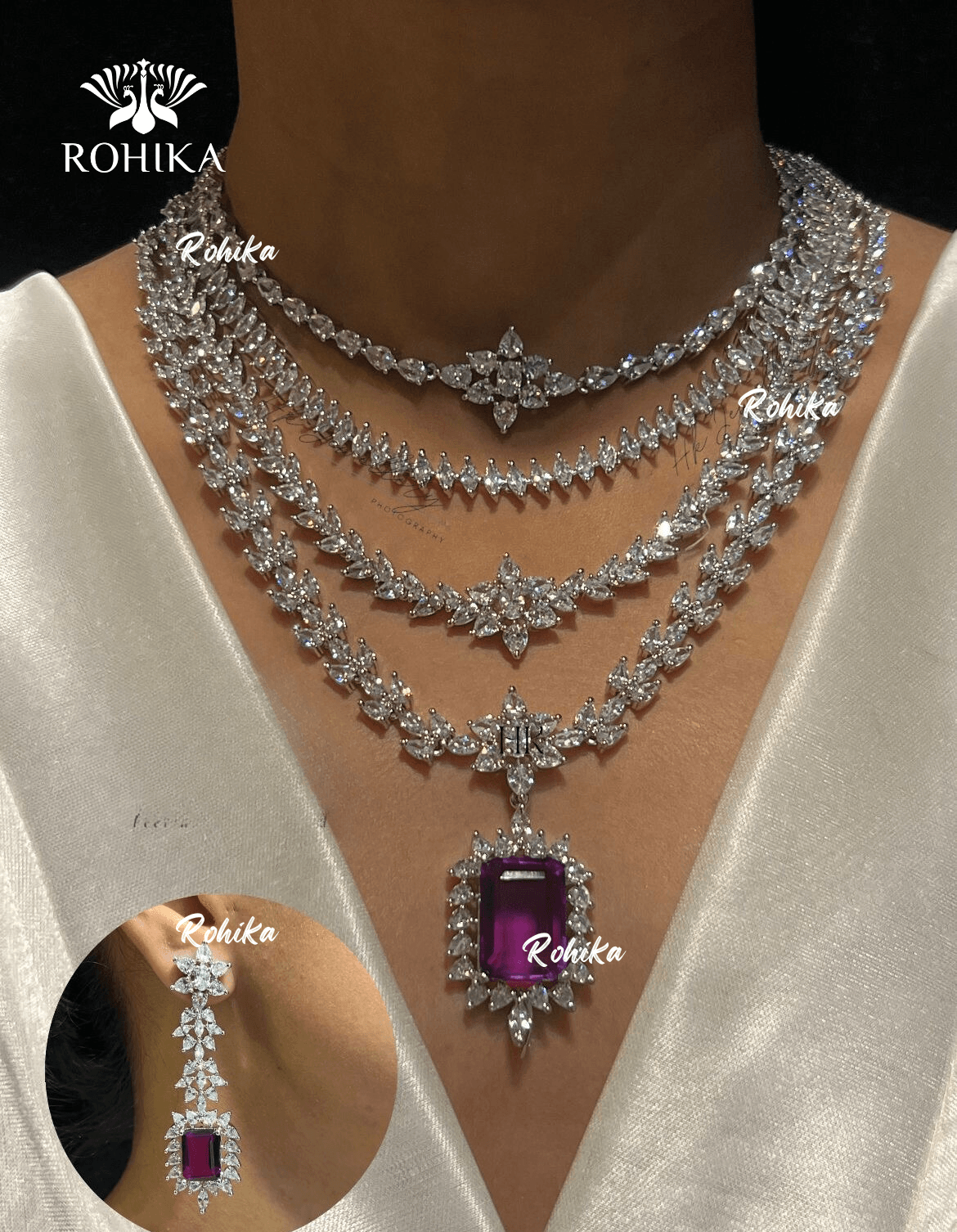 Hanna american diamond necklace set - Dark purple - Rohika Store