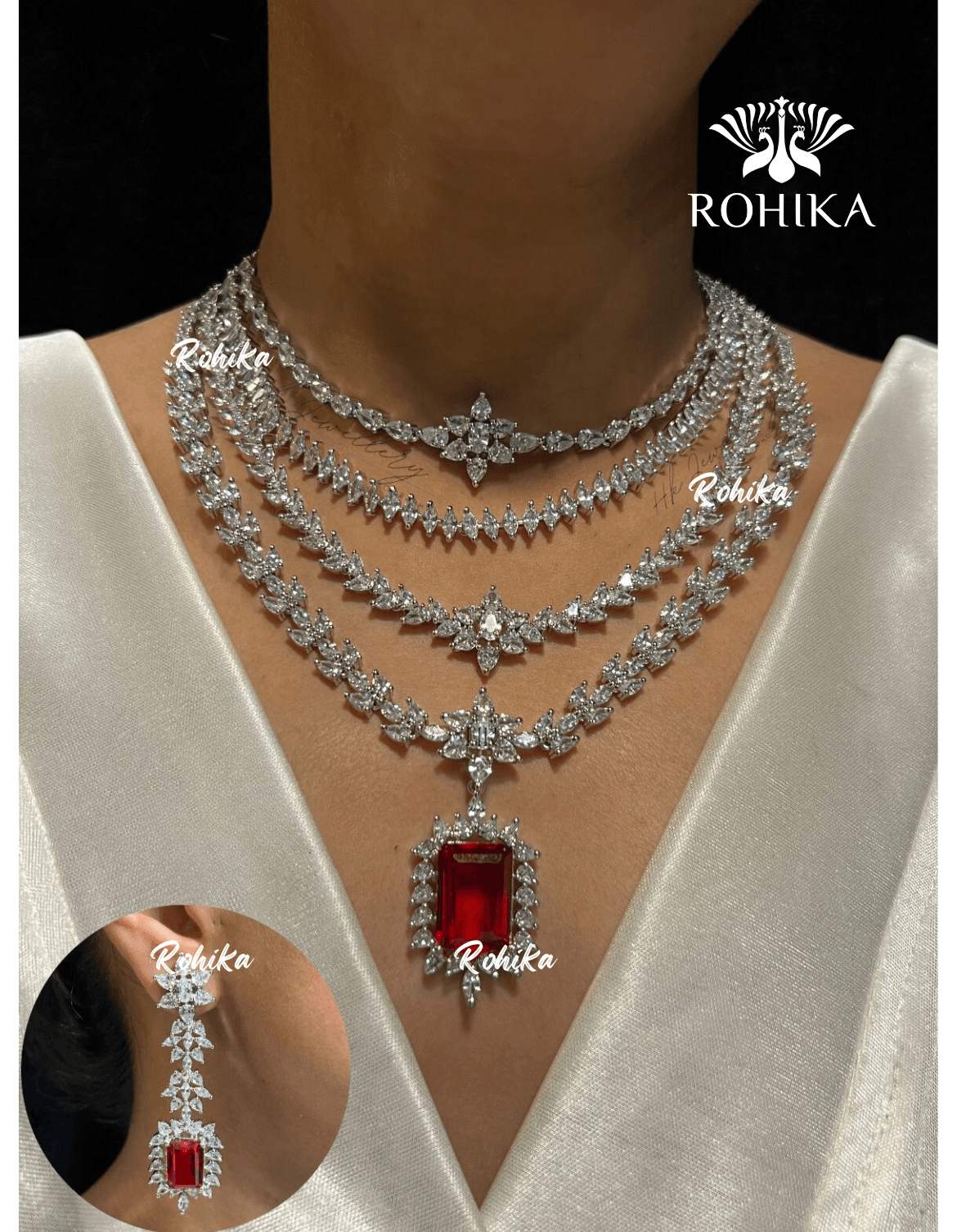 Hanna american diamond necklace set - Red - Rohika Store