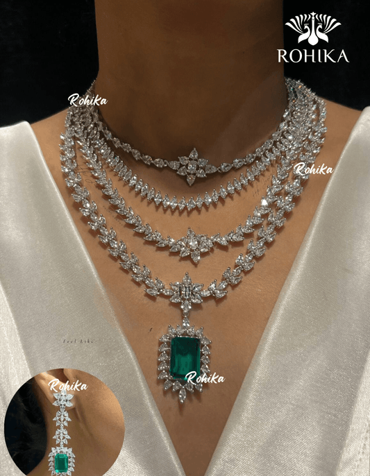 Hanna american diamond necklace set - Green - Rohika Store