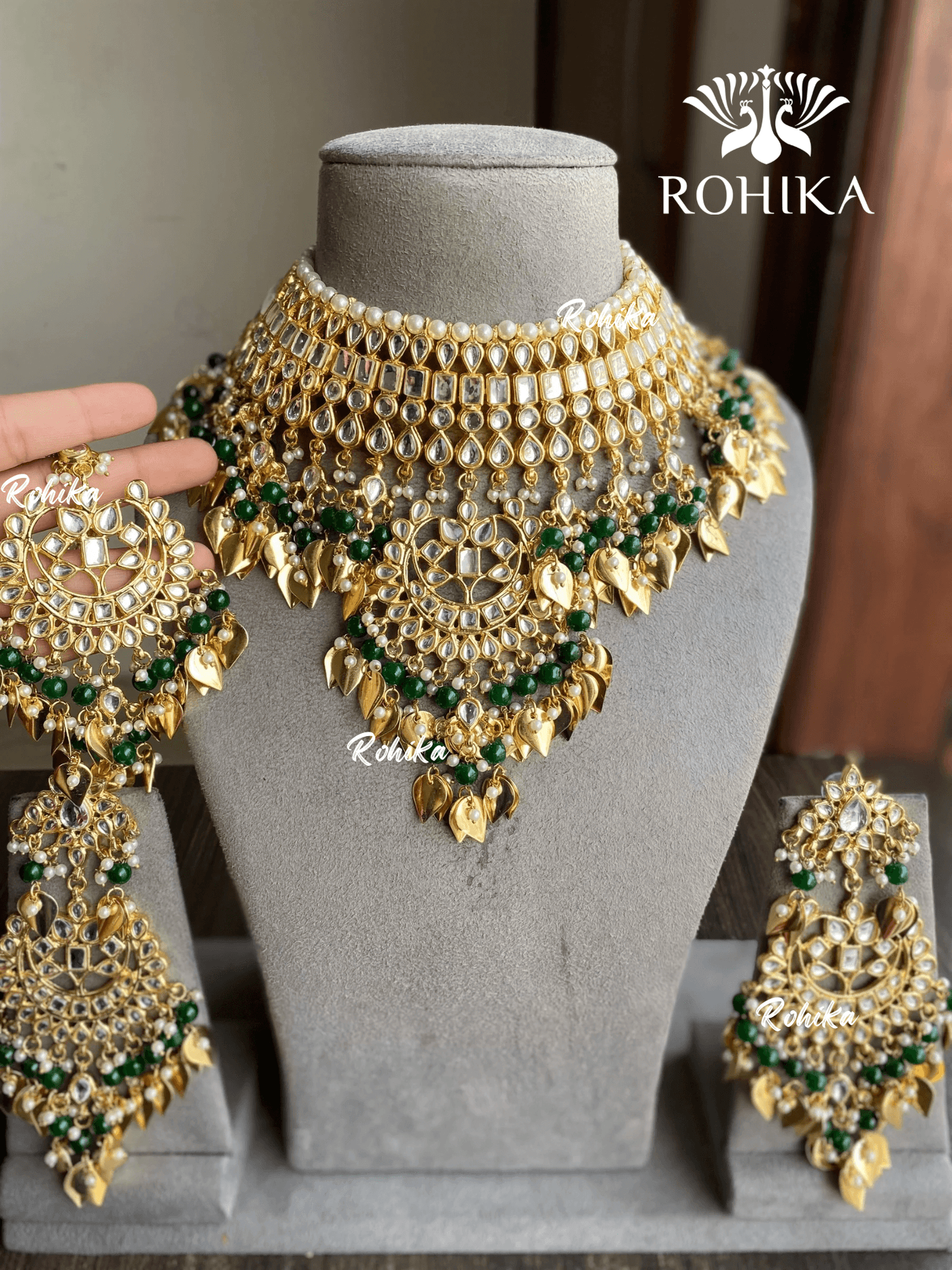 Simran peepal patti kundan necklace set - Dark green - Rohika Store