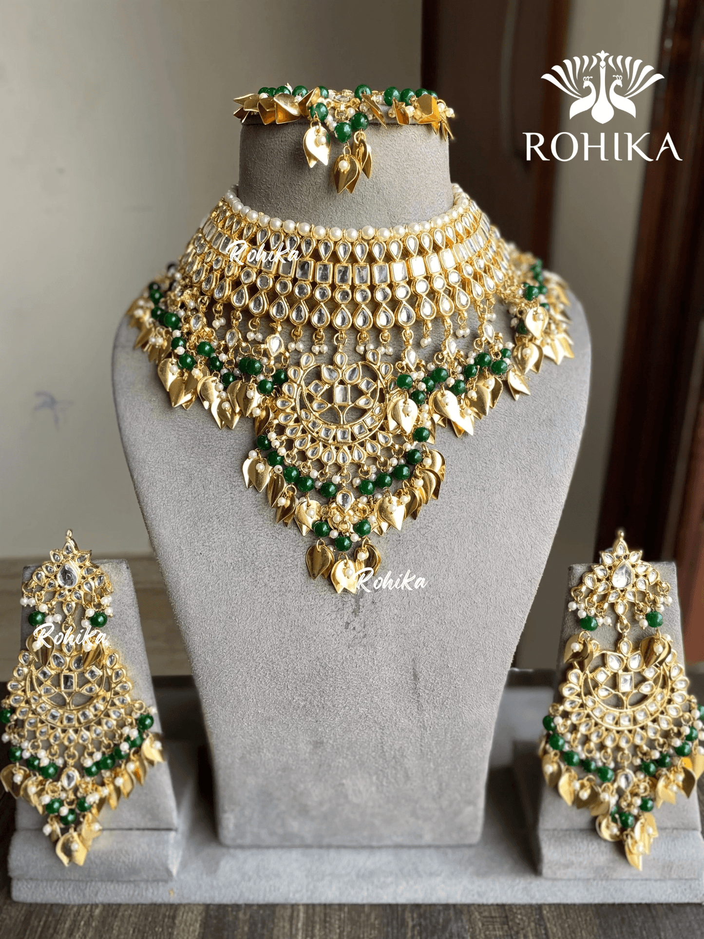 Simran peepal patti kundan necklace set - Dark green - Rohika Store