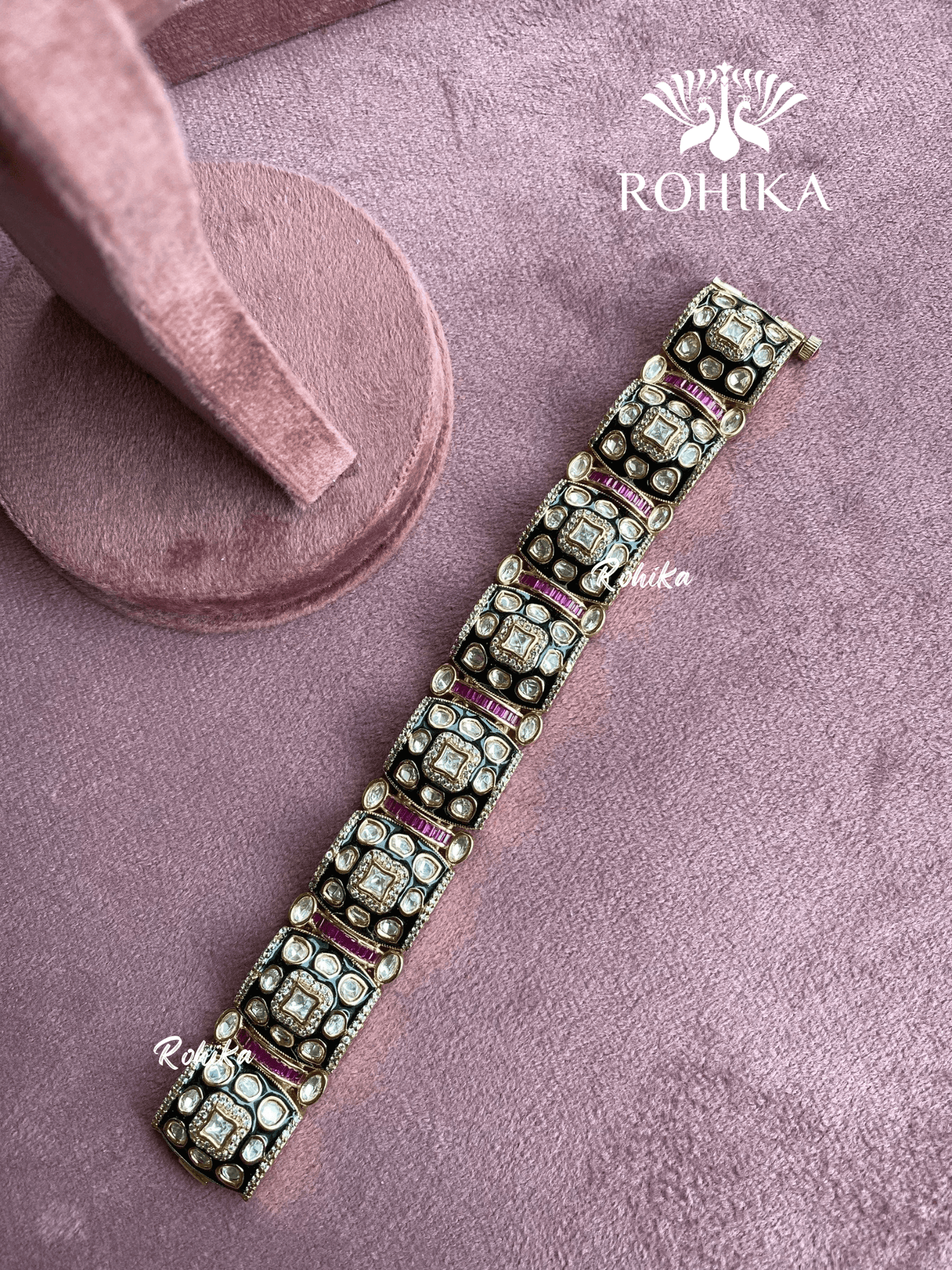 Anhita polki kundan meenakari bracelet/kada (004) - Dark green/Pink - Rohika Store
