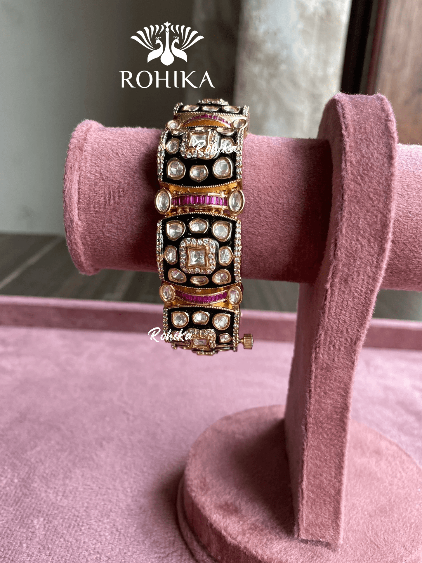 Anhita polki kundan meenakari bracelet/kada (004) - Dark green/Pink - Rohika Store