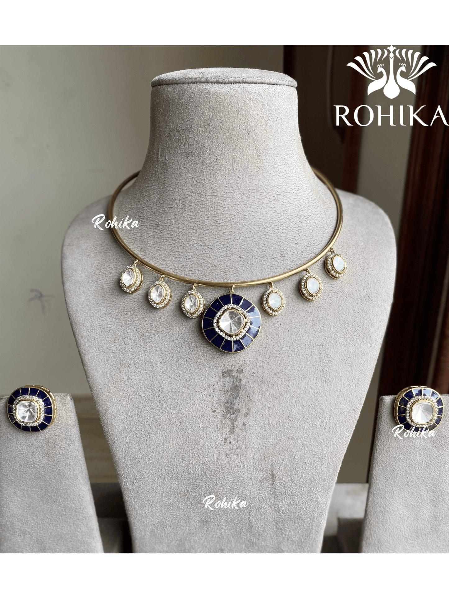 Snavya polki kundan hasli necklace - Dark blue - Rohika Store
