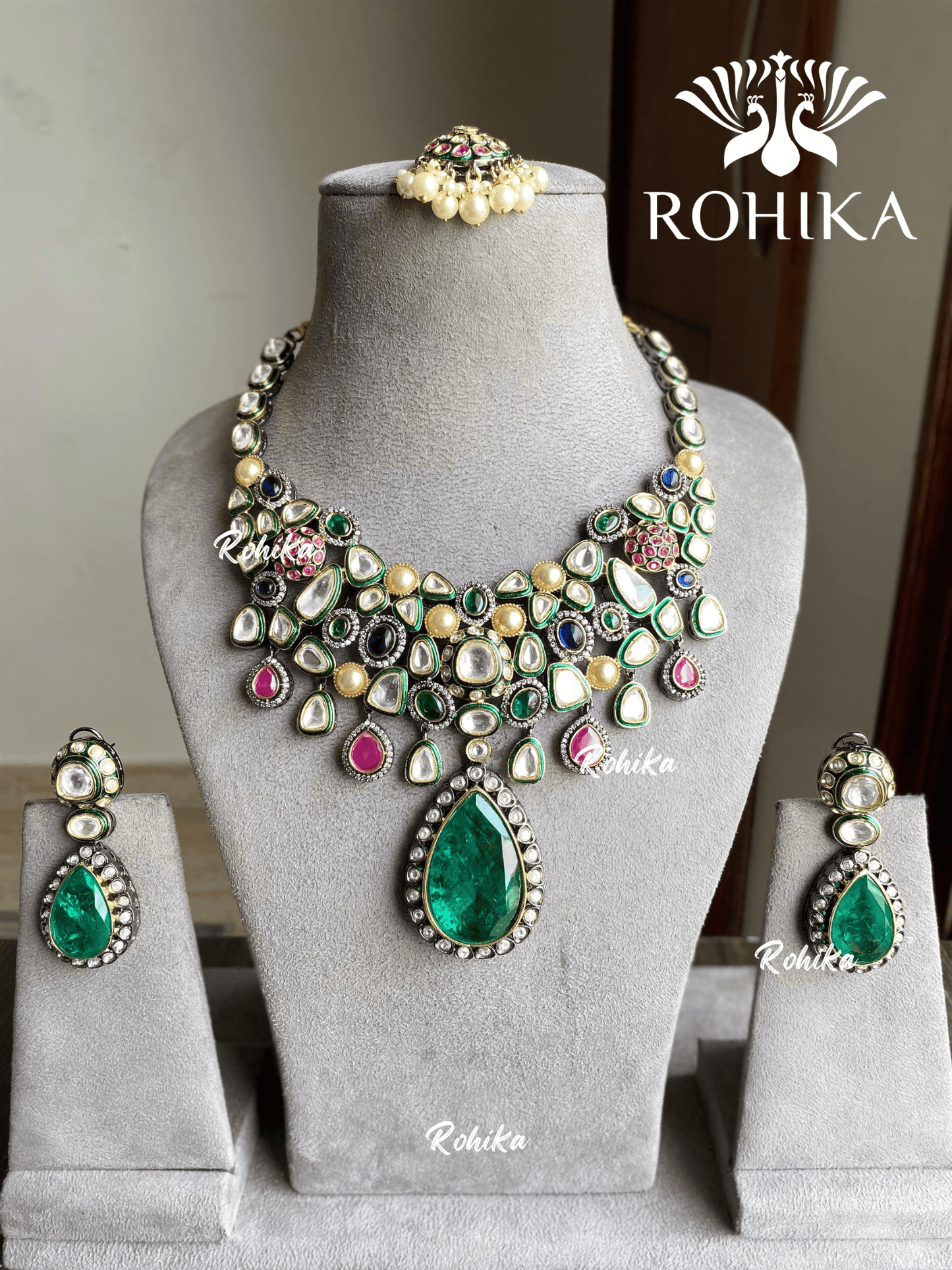 Saisha kundan necklace set - Green - Rohika Store