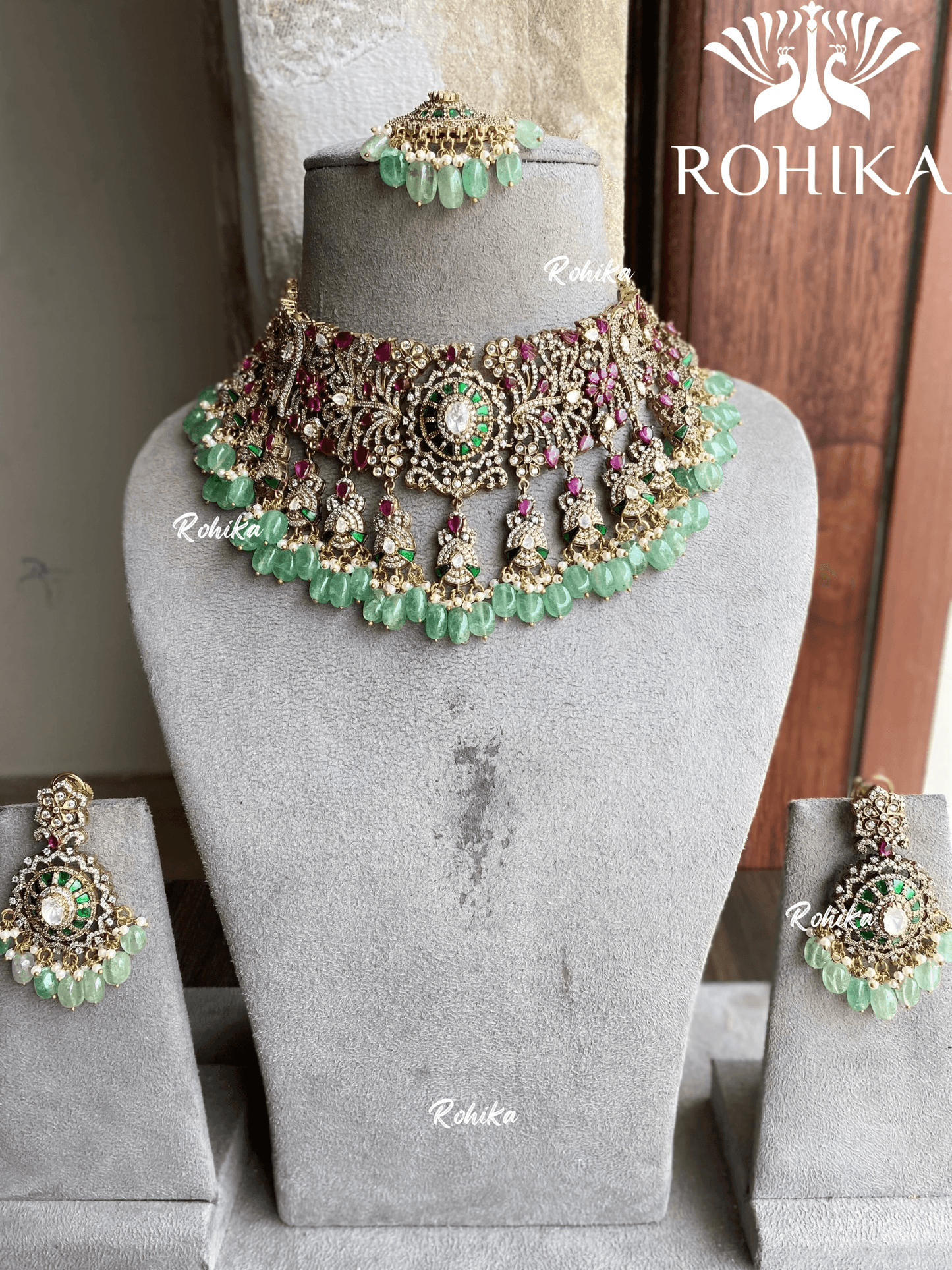 Vrita moisanite necklace set - Mint green - Rohika Store