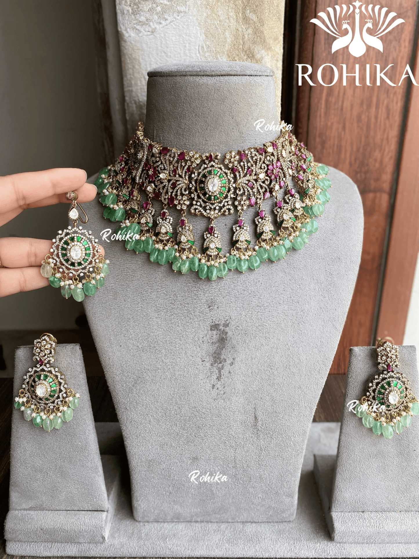 Vrita moisanite necklace set - Mint green - Rohika Store