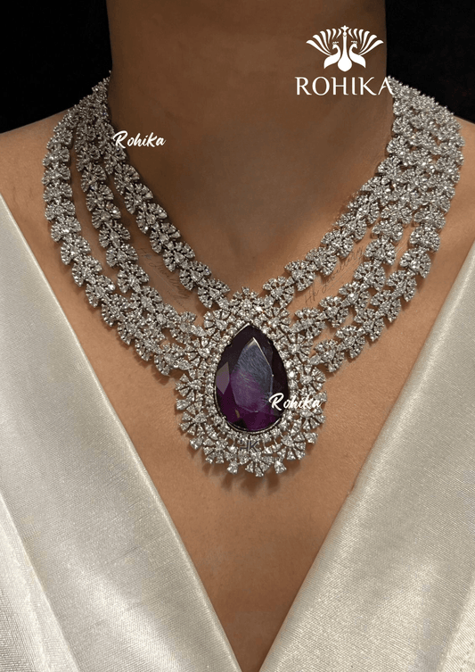 Cara american diamond necklace set - Dark purple - Rohika Store