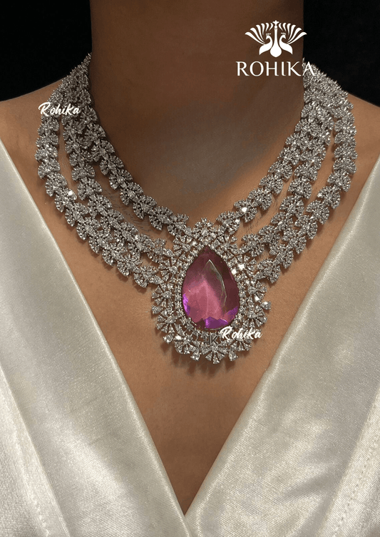 Cara american diamond necklace set - Pink - Rohika Store