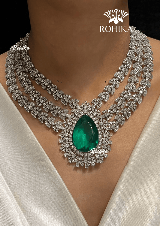 Cara american diamond necklace set - Green - Rohika Store