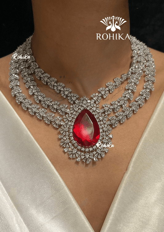 Cara american diamond necklace set - Red - Rohika Store