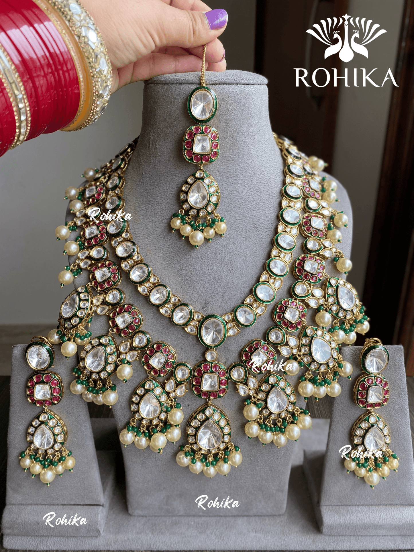 Alaya bikaneri polki kundan long necklace set - Pink & green - Rohika Store