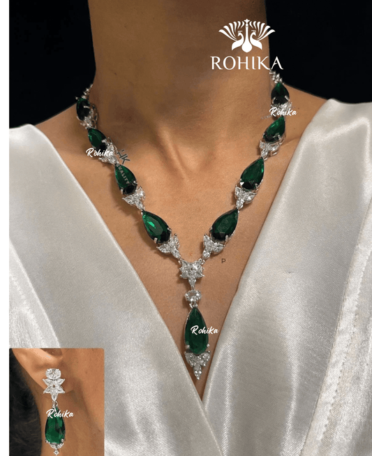 American diamond necklace set (ADN -004) - Dark green - Rohika Store