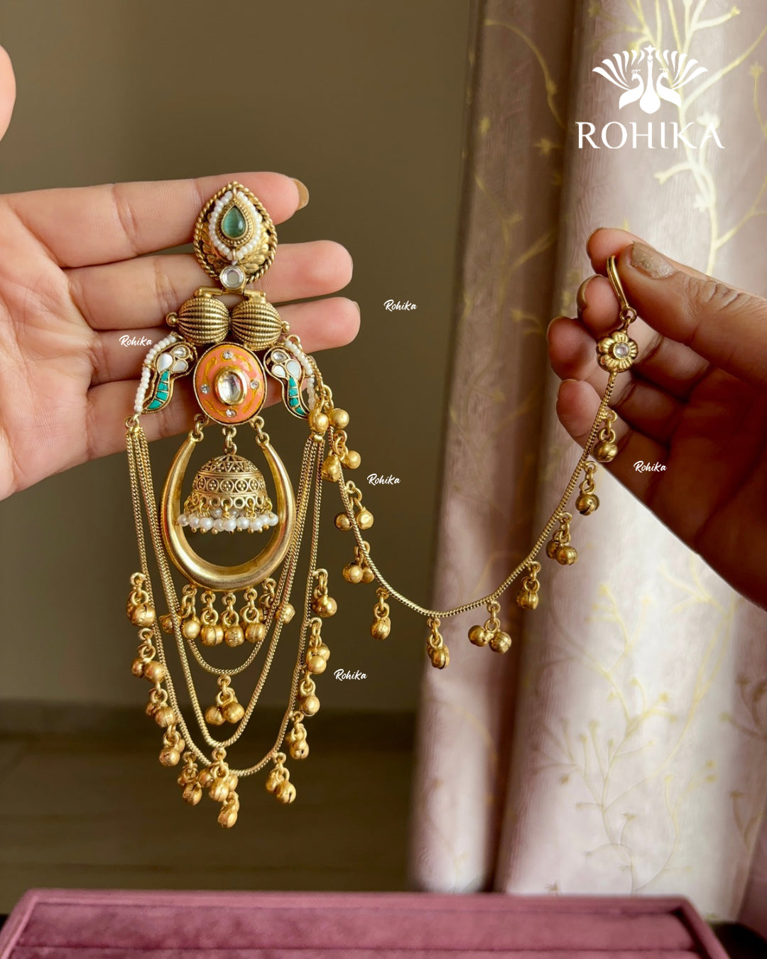 Piya polki jhumka earrings with earchains(EE-002)- Peach