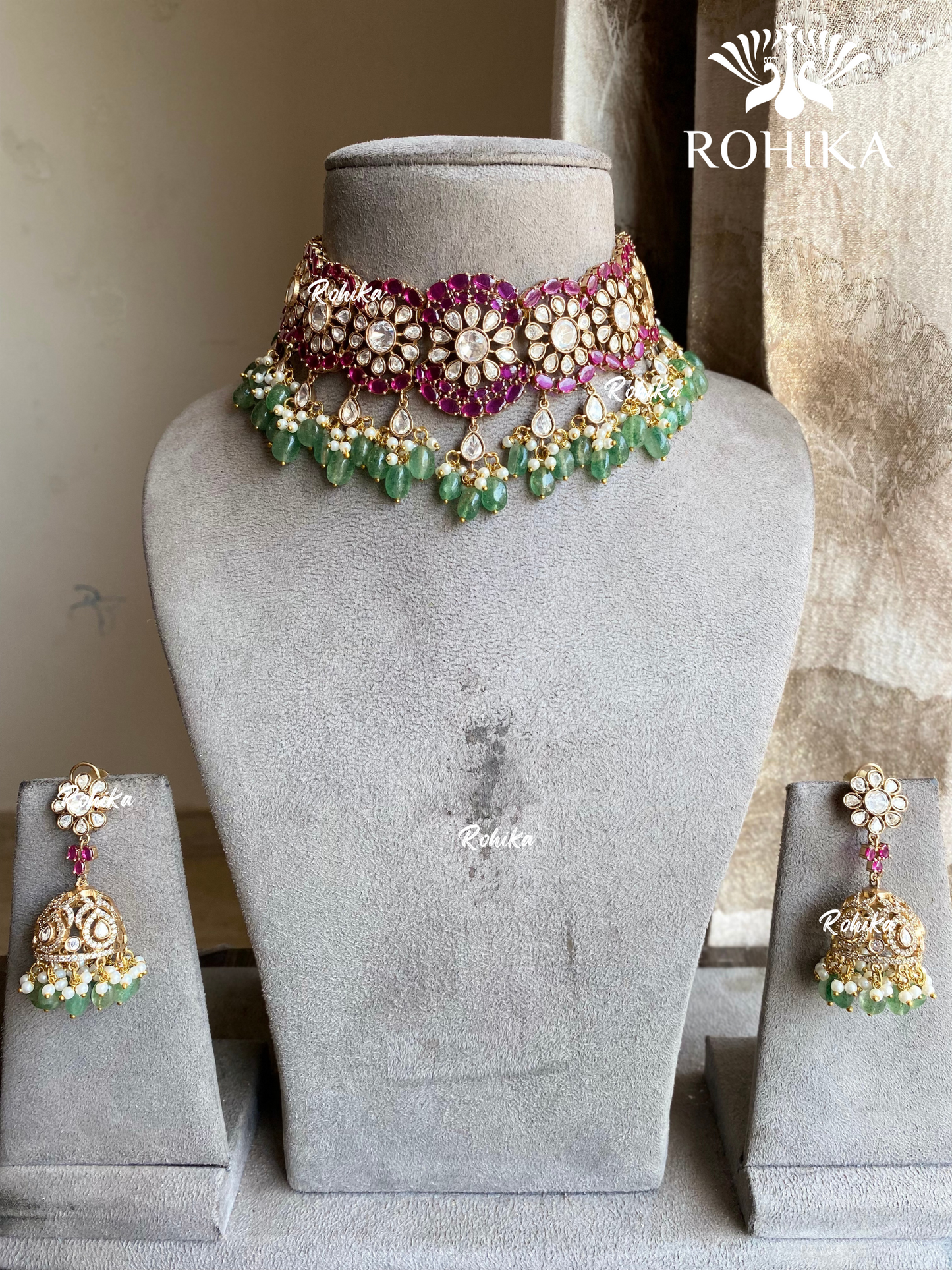 Rasha Moisanite Choker Set - Mint Green & Pink - Rohika store